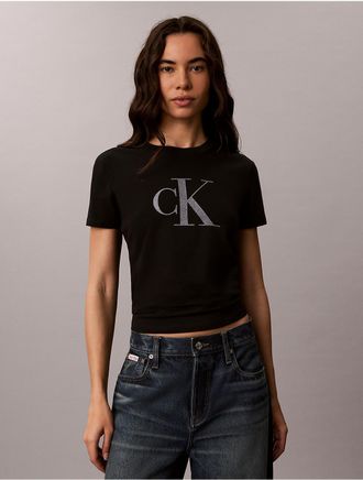 Calvin Klein Jeans Calvin Klein Womens Slim Glitter Monogram Logo Tee - Black - XL