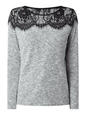 Only Pullover in Melange-Optik mit Spitzeneinsatz in Hellgrau Melange, Gr&ouml;&szlig;e M
