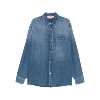 Marni Overhemden, Heren, Blauw, M, Denim, Geborduurd Denim Overhemd