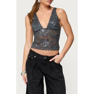 Edikted Isaela Sequin Lace Tank in Dark-Gray at Nordstrom, Size X-Large