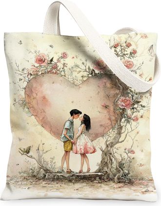 Generic Floral Canvas Tote Bags, Heart Pattern Reusable Grocery Bags, Spring Vintage Lightweight Washable Shoulder Strap Canvas for, Peach, 13x15 Inch