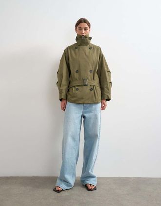 Topshop Trench oversize di media lunghezza verde con cintura