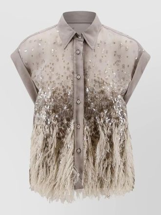 Brunello Cucinelli silk shirt sequins fringe feathers sleeveless