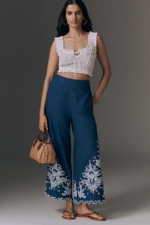 Farm Rio Linen Blend Crochet Flower Pants