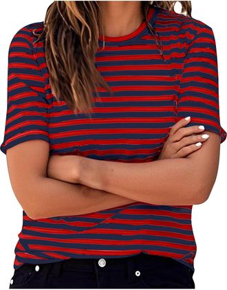 Generic Ladies Striped Tops 2025 Spring Short Sleeve Crewneck Shirts UK Fashion Lightweight Pullover Blouse Dressy Casual Loose Fit Tee Shirts