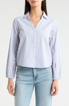 Lucky Brand Cutwork Detail Stripe Cotton Button-Up Shirt in Light Seashell at Nordstrom, Size Xx-Large