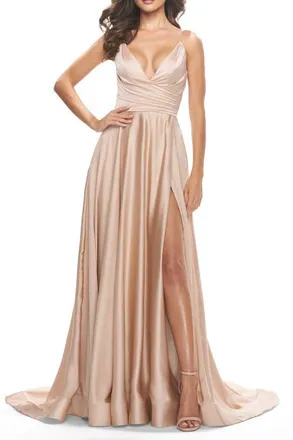 La Femme Long Satin Dress with Side Slit and V Shaped Back in Beige at Nordstrom, Size 12