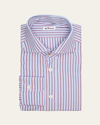 Kiton Mens Multi-Stripe Cotton Spread Collar Dress Shirt