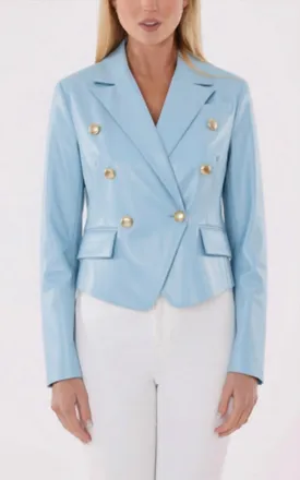 Dolce Cabo Cropped Faux Leather Double Breasted Blazer In Light Blue