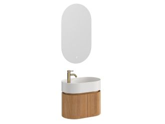 Vente-Unique Mueble de ba&ntilde;o suspendido estriado de madera de fresno con lavabo de resina blanco mate, grifo y espejo - Natural claro - 60 x 51 x 37 cm - PROTEA