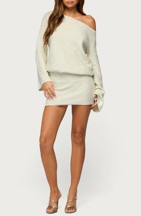 Edikted Sequin One-Shoulder Long Sleeve Knit Minidress in Cream at Nordstrom, Size X-Small