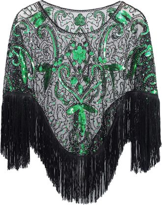 Feoya Womens 1920s Shawl Sequin Beaded Evening Cape Flapper Shrug Retro Tulle Tassel Shawls Vintage Mesh Fringe Shawl Wraps Shiny Short Fringed Art Deco Wra