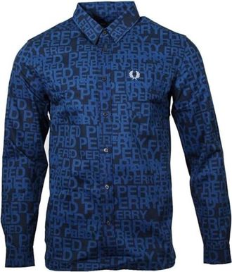 Fred Perry All-Over Logo Shaded Cobalt Shirt met Lange Mouwen