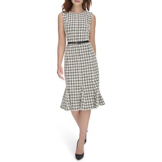 Tommy Hilfiger Womens Pixelated Houndstooth Sleeveless Belted Dress, Black/Pearl, 20