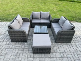 Fimous Outdoor Garden Furniture Sets 7 Seater Wicker Rattan Furniture Sofa Sets with Square Coffee Table Love seat Sofa Big Footstool in Dark Grey