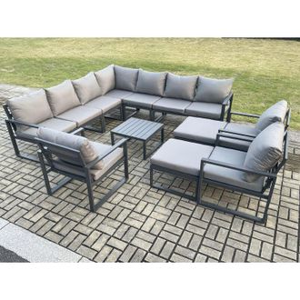 Fimous Fimous Aluminium Outdoor Garden Furniture Set Lounge Corner Sofa 3 Pcs Chair Square Coffee Table Sets with 2 Big Footstools Dark Grey