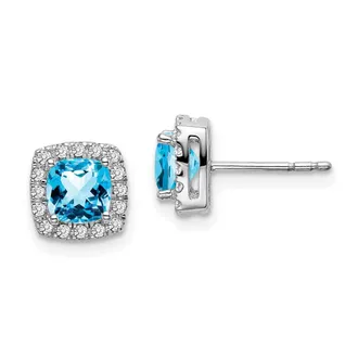 Diamond2Deal 14k White Gold Cushion Blue Topaz and Diamond Halo Stud Earrings