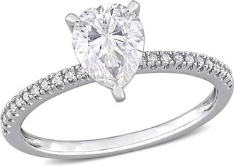 Amour 1 1/4 CT DEW Pear Shape Created Moissanite and 1/10 CT TW Diamond Engagement Ring In 14K White Gold