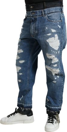Dolce & Gabbana Blue Tattered Cotton Men Denim Jeans Elastane Clothing