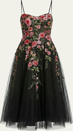 Mac Duggal Floral-Embroidered Tulle Midi Dress