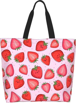 Generic Pink Strawberry Girls Kawaii Fruit Women Handbag Durable Carry Bag Handle Grocery Bags For College Work Camping