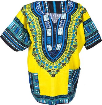 Lofbaz African Dashiki Shirts for Men Women Hippie T Shirt Festival Clothing Print Boho Top 70s Tribal Africa Clothes Yellow L