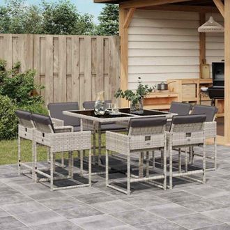 vidaXL Vidaxl - Set Comedor De Jard&iacute;n 9 Pzas Cojines Rat&aacute;n Sint&eacute;tico Gris Claro