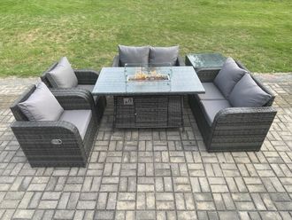 Fimous 6 Seater Rattan Garden Furniture Set Propane Gas Fire Pit Table & Sofa Chair set with Side Table in Dark Grey