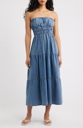 Blu Pepper Strapless Tiered Denim Midi Dress at Nordstrom, Size Medium