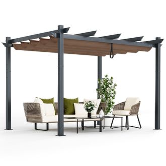 Costway Costway 2.9X3.6 m Outdoor Retractable Pergola Aluminum Grill Pergola w/Canopy Cover Brown in Dark Brown