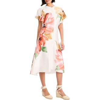 Maggy London Floral Print Flutter Sleeve Midi Dress in Ivory/Persimmon at Nordstrom, Size 14