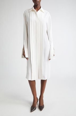 Michael Kors Pleated Front Long Sleeve Silk Shirtdress in Optic White at Nordstrom, Size X-Small