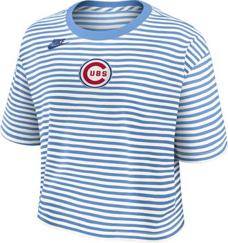 Nike Chicago Cubs Cooperstown Logo Striped Nike Womens MLB Cropped T-Shirt in Blue | 048P0G7VC78-YLT