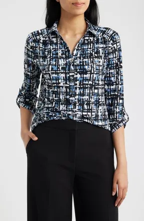 Anne Klein Print Roll-Tabbed Button Front Shirt in Dutch Blue Multi at Nordstrom, Size X-Large
