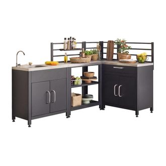 Sweeek Cocina exterior 4 m&oacute;dulos de acero inoxidable, negro