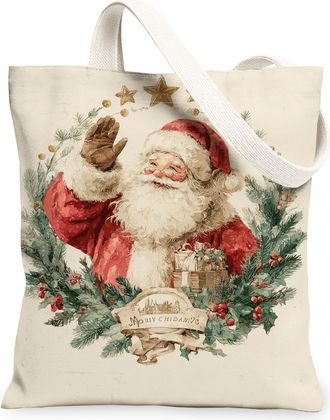 Generic Vintage Santa Canvas Tote Bags, Festive Holiday Design Reusable Grocery Bags, Lightweight Washable Shoulder Strap Canvas for Shopping Travel 13x15 Inc