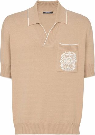 Balmain Geborduurde gebreide poloshirt - Heren - V-hals truien - Beige - XS - Katoen - Truien & Vesten