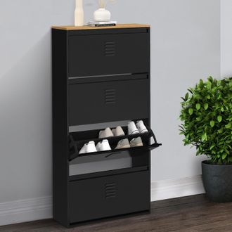 IDMarket Idmarket - Zapatero De Gran Capacidad Ester Con 4 Puertas De Metal Negro Para 24 Pares De Zapatos Y Tapa De Madera De Dise&ntilde;o Industrial