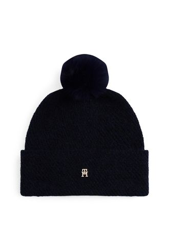 Tommy Hilfiger Bommelm&uuml;tze TOMMY HILFIGER POM POM BEANIE, Damen, blau (space blau), Strick, Materialmix, unifarben, M&uuml;tzen Bommelm&uuml;tze, Regular fit mit Bommel