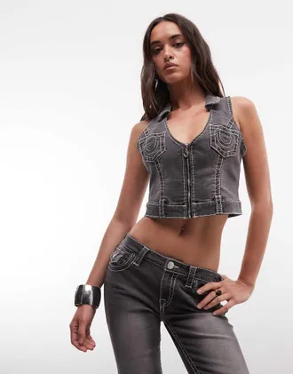 True Religion Crop top in denim grigio slavato con zip in coordinato