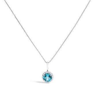 House of Brilliance 10K Gold Gemstone and 1/10 Cttw Diamond Accent Halo Pendant Necklace in White | Blue Topaz at Nordstrom