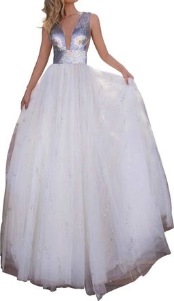 Tarik Ediz Shimmering Plunging Neckline A-Line Gown In Ivory