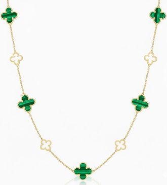 Italian Gold, Inc 14K Yellow Gold Alternating 9 Station Clover Necklace - Malachite
