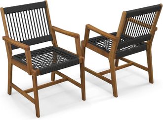 Costway Costway - Set Di 2 Sedie Da Pranzo In Legno Di Acacia Per Esterno, Sedie Da Giardino Intrecciate Con Braccioli, Per Cucina Patio Prato Giardino