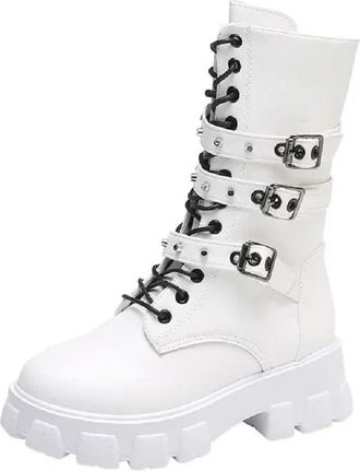 Generic Fashion Mid-Calf Knee-High Boots for Women, High Heeled, Zipped, Buckled (White, UK Footwear Size System, Adult, Women, Numeric, Medium, 8)