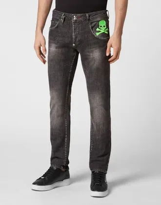 Philipp Plein Denim Trousers Super Straight Cut Skull&Amp;Bones Men in Fullmetal at Nordstrom, Size 30