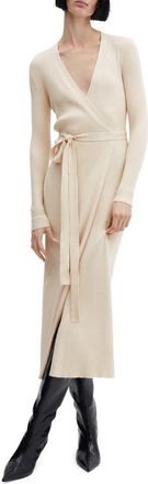 Mango Long Sleeve Wrap Sweater Dress in Beige at Nordstrom, Size 6