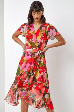 Roman Floral Print Asymmetric Midi Wrap Dress