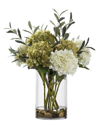 D&W Silks White & Green Hydrangeas With Olive Spray In Large Glass Cylinder