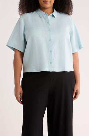 Eileen Fisher Short Sleeve Organic Linen Button-Up Shirt in Breeze at Nordstrom, Size 1X